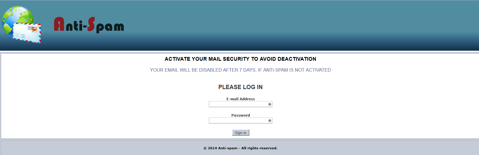 Anti Spam phishing page.