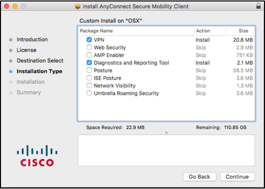 Cisco AnyConnect installer with VPN and Diagnostics and Reporting tool checked.
