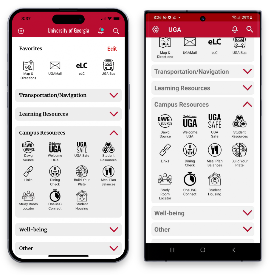 The UGA Mobile App home screen with the Campus Resources folder open.