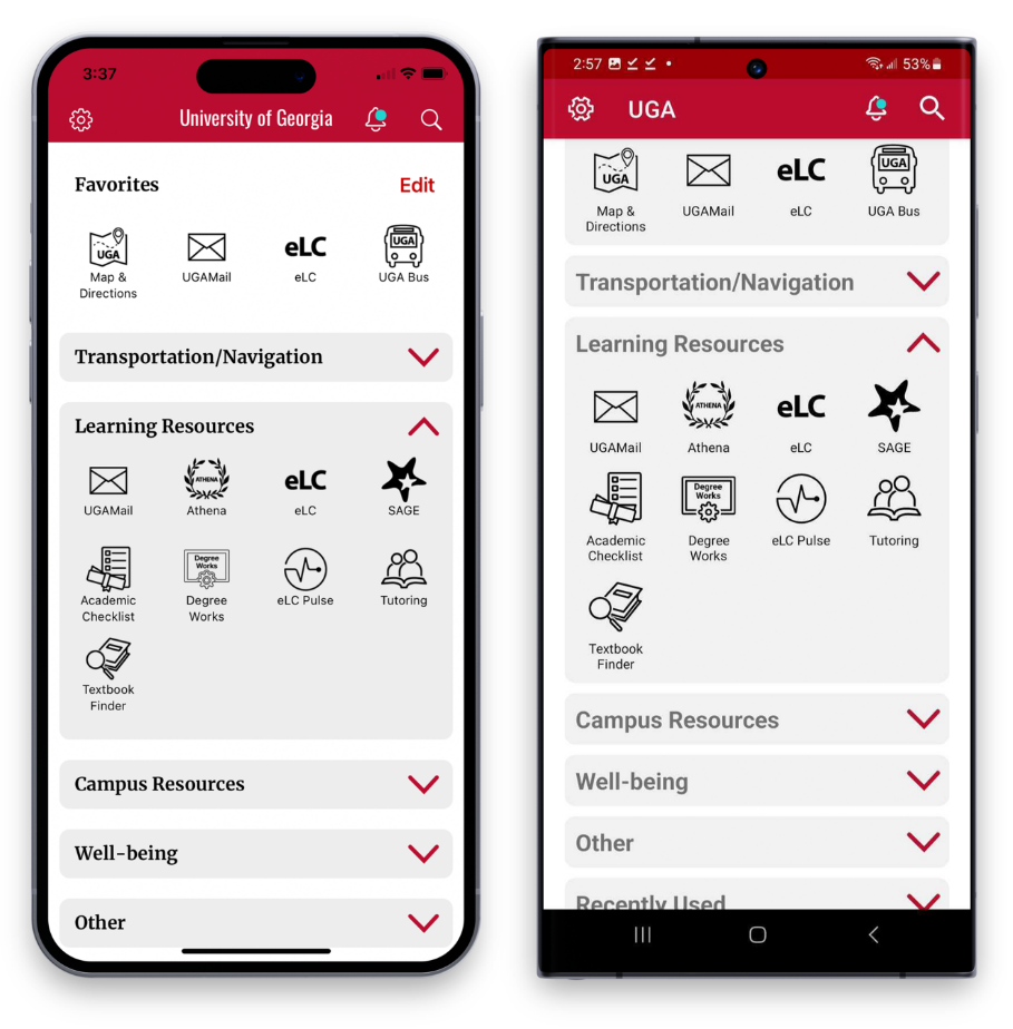 The UGA Mobile App home screen with the Learning Resources folder open.