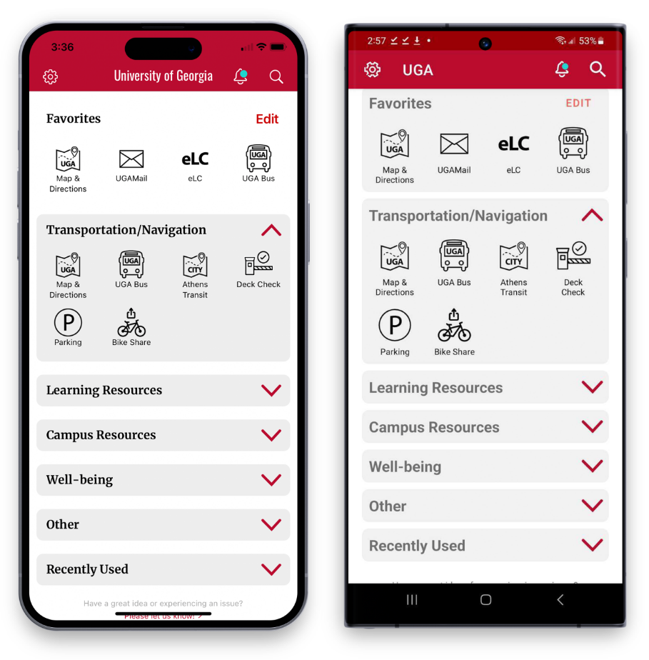 The UGA Mobile App home screen with the Transportation/Navigation folder open.