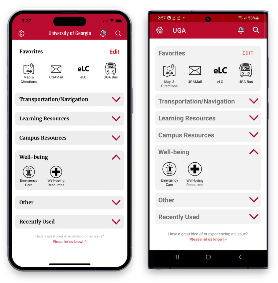 The UGA Mobile App home screen with the Well-being folder open.