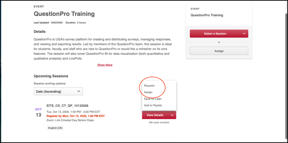 Screenshot of QuestionPro training page with Request/Assign circled